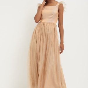 KIKISIX KSAB3276CRN Abito lungo tulle e strass carne