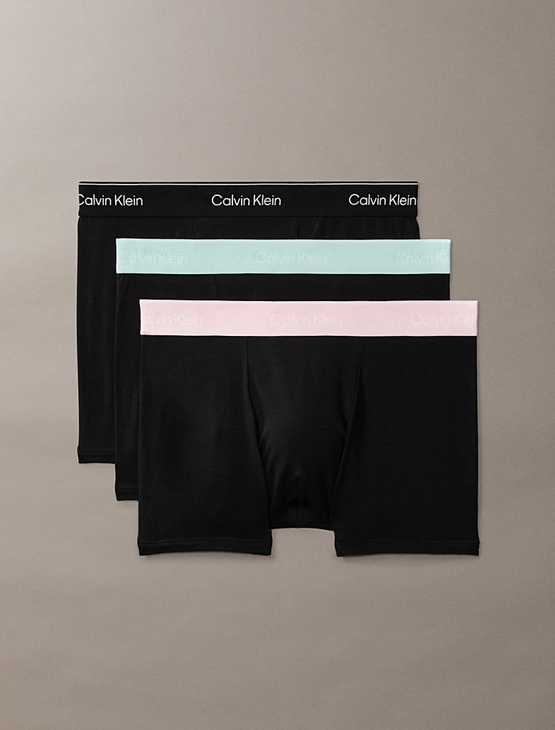 CONFEZIONE 3 BOXER UOMO CALVIN KLEIN COTONE ELASTICIZZATO NERO CON ELASTICO COLORATO ROSA, VERDE ACQUA E NERO