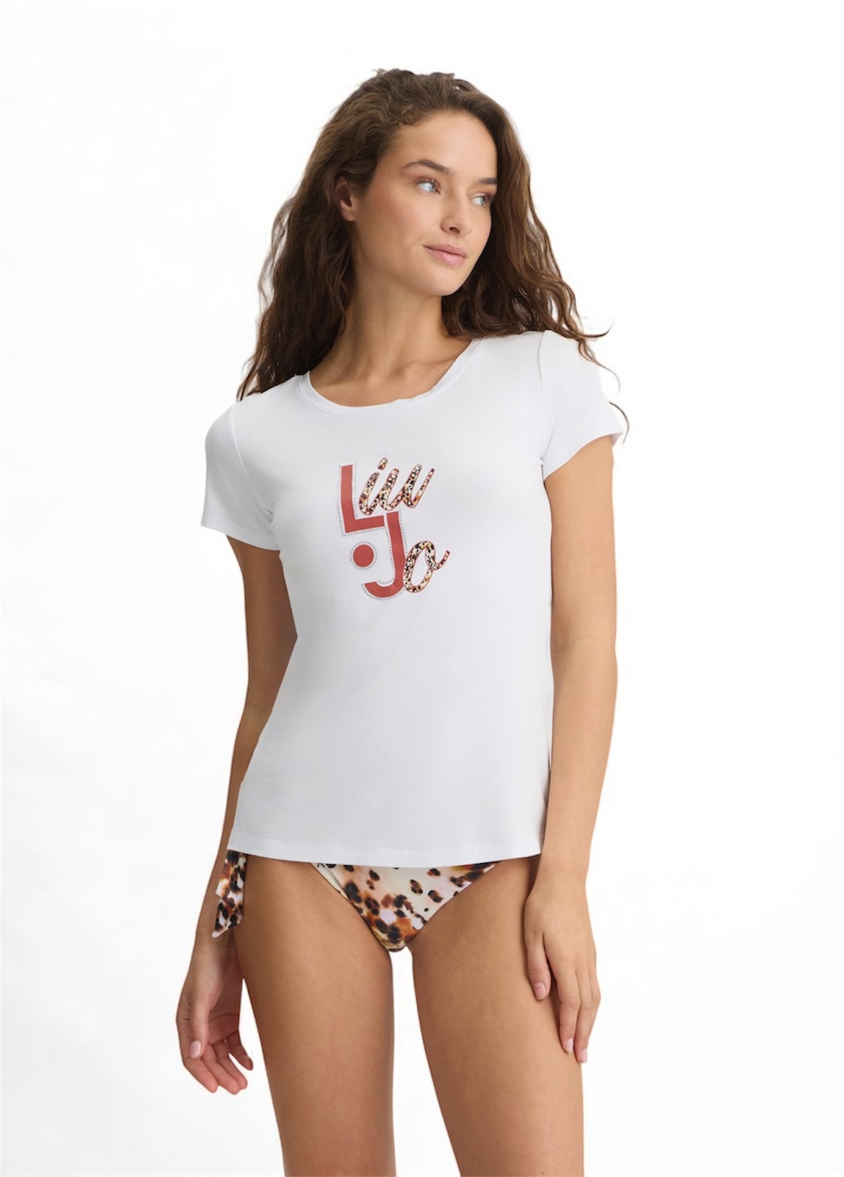 LIU JO VA5226JS360 T-shirt ecosostenibile bianco logo fantasia