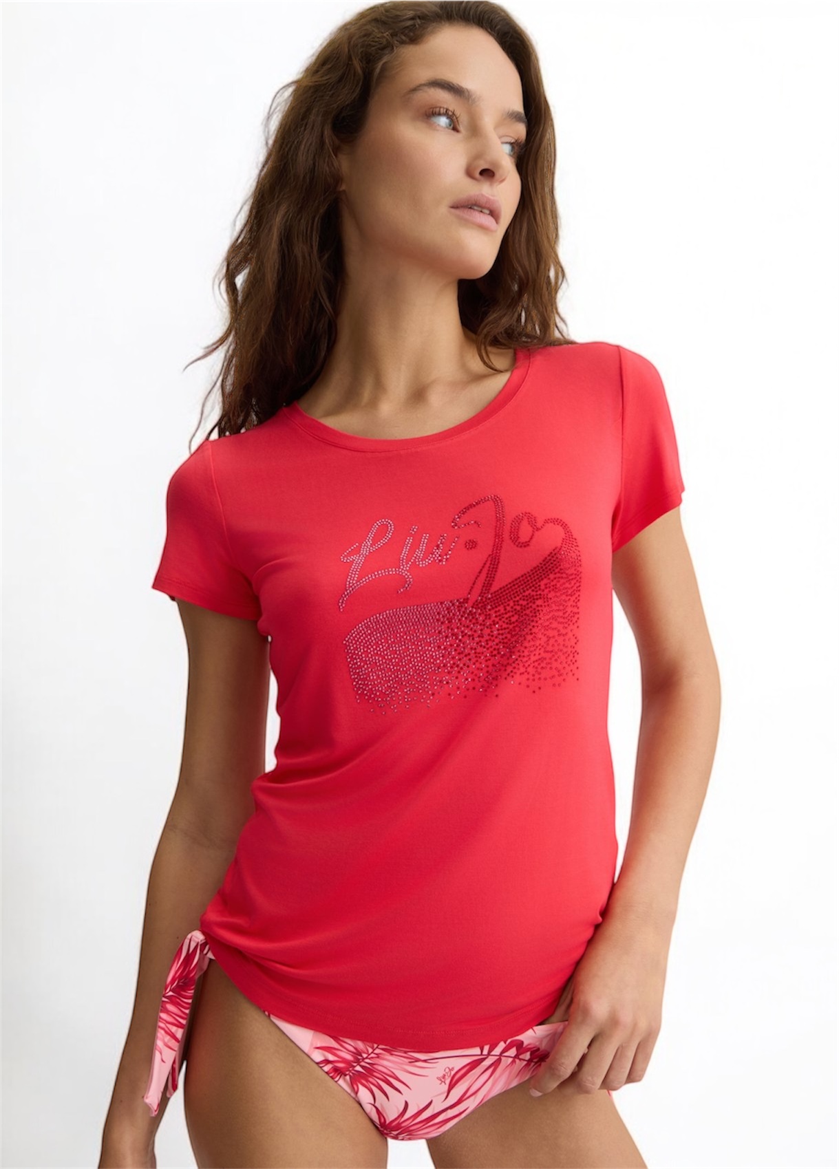 LIU JO VA5157JS360 T-shirt ecosostenibile rosso logo strass - immagine 3