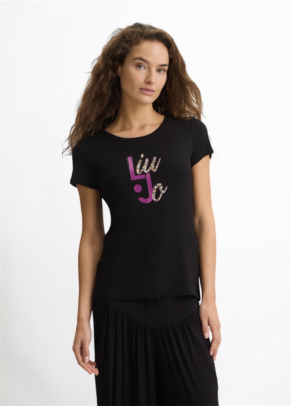 LIU JO VA5226JS360 T-shirt ecosostenibile nero logo fantasia - immagine 2
