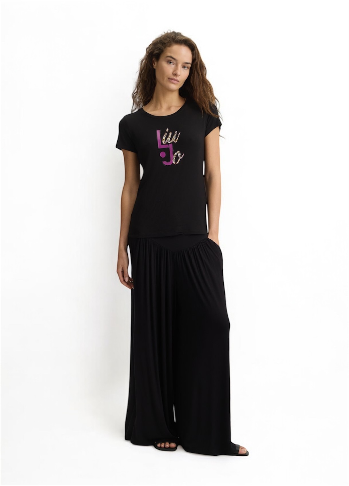 LIU JO VA5226JS360 T-shirt ecosostenibile nero logo fantasia - immagine 7