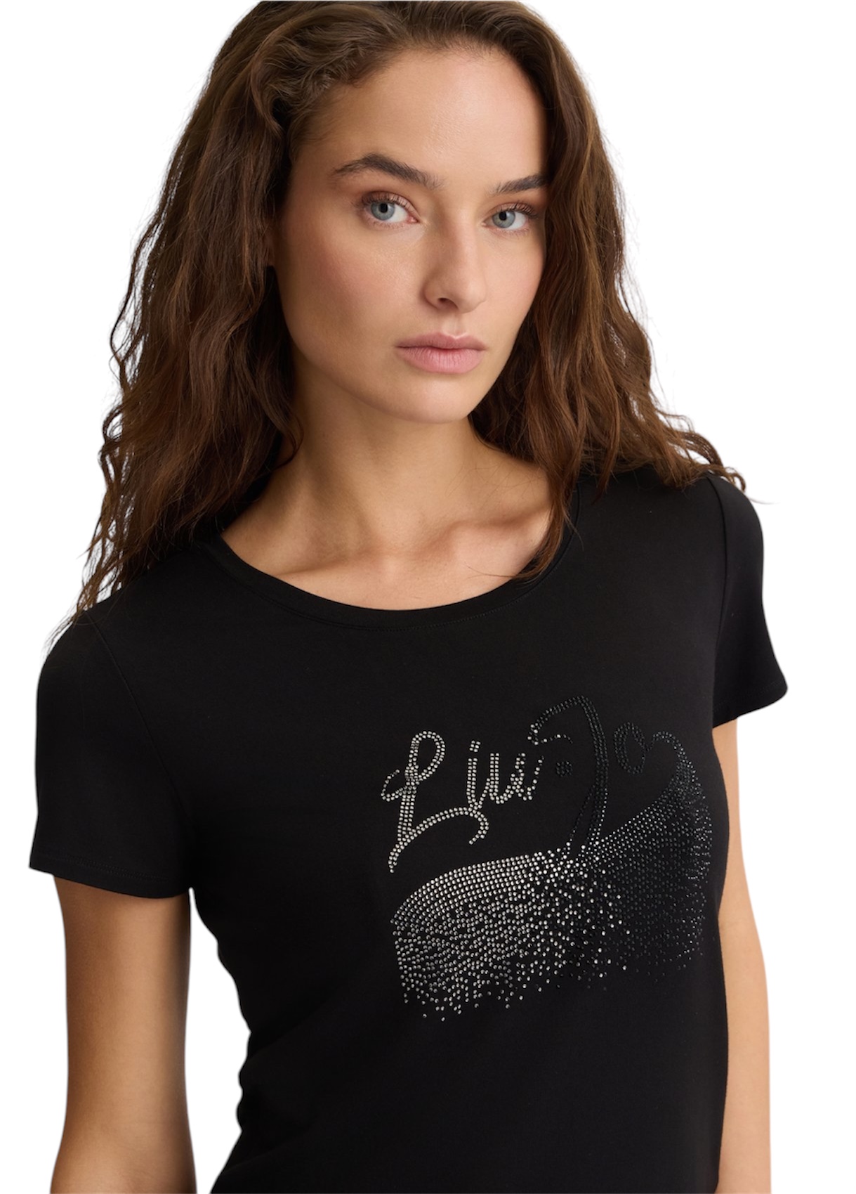 LIU JO VA5157JS360 T-shirt ecosostenibile nero logo strass - immagine 3