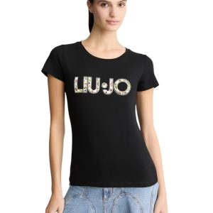 LIU JO VA5154JS003 T-shirt ecosostenibile nero logo floreale