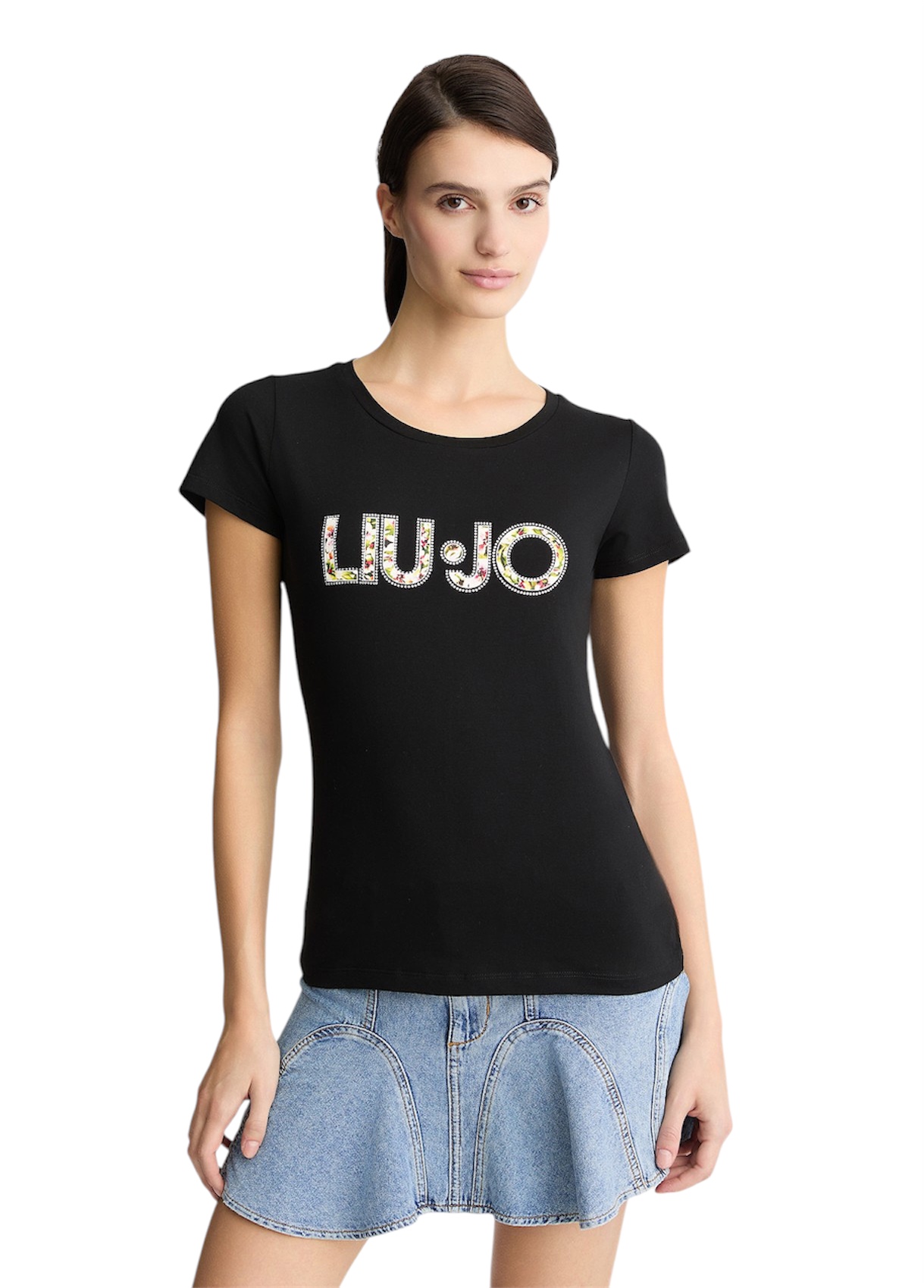 LIU JO VA5154JS003 T-shirt ecosostenibile nero logo floreale - immagine 2