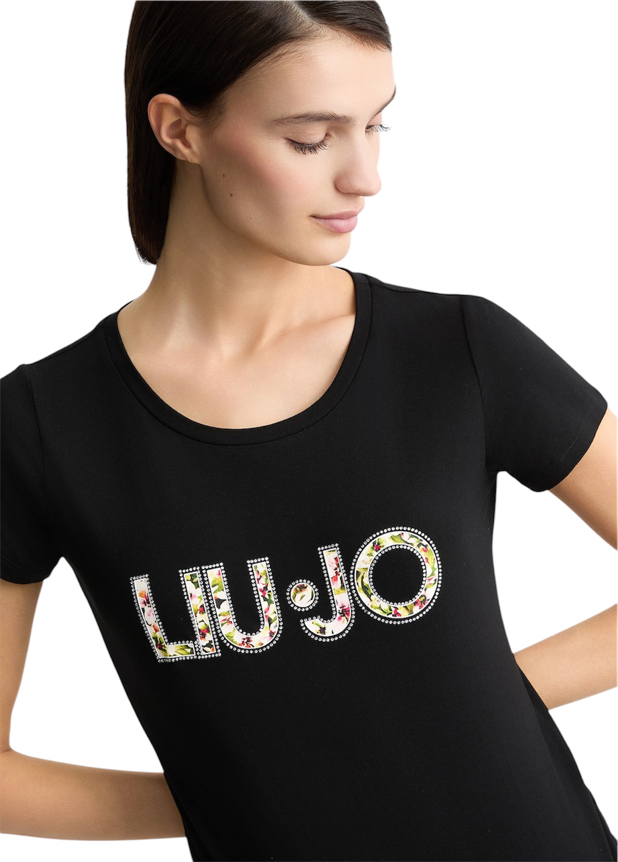 LIU JO VA5154JS003 T-shirt ecosostenibile nero logo floreale - immagine 3