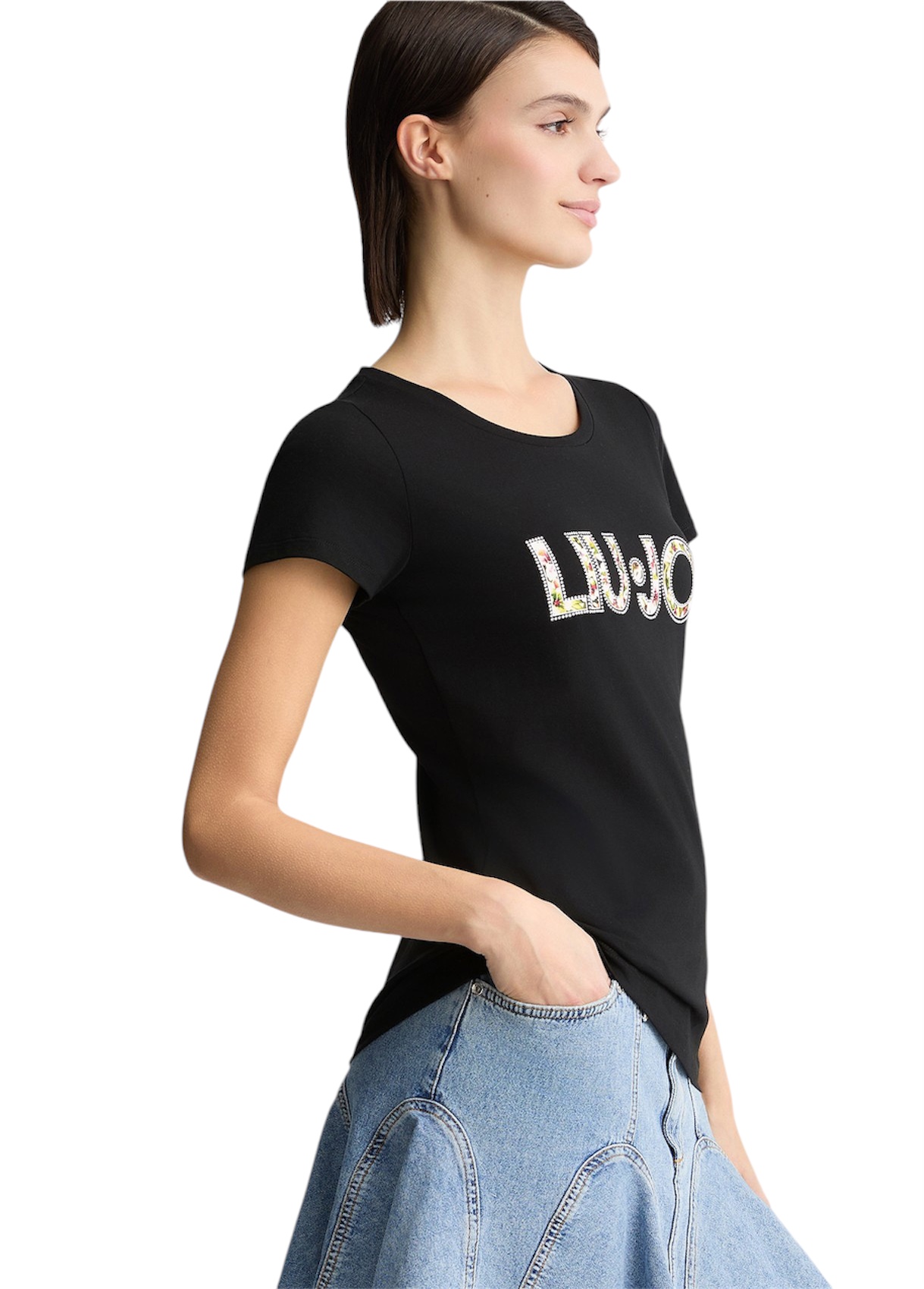 LIU JO VA5154JS003 T-shirt ecosostenibile nero logo floreale - immagine 4