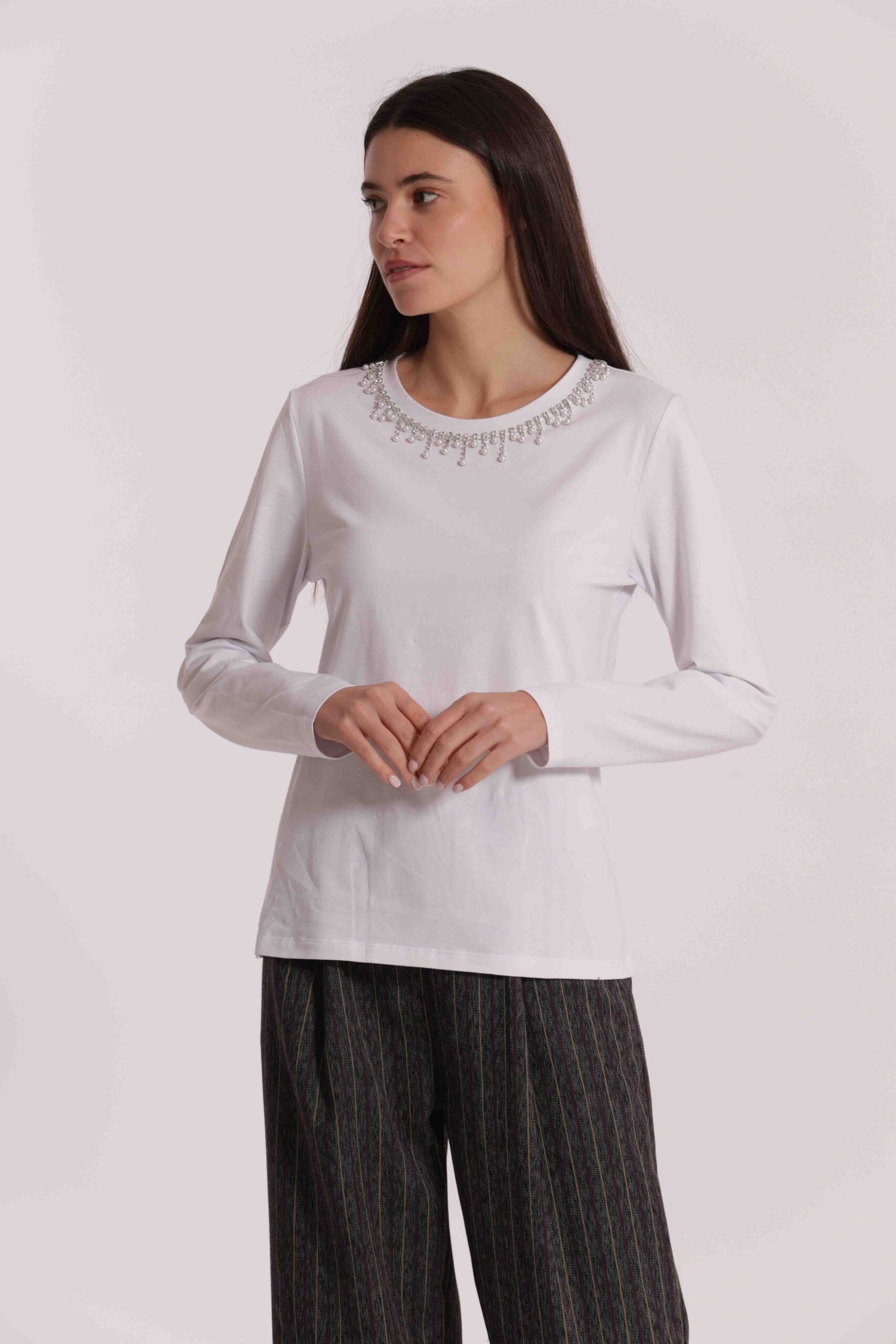 MIMÌ MUÀ Firenze SFAN-1875 T-shirt bianco colletto decorato