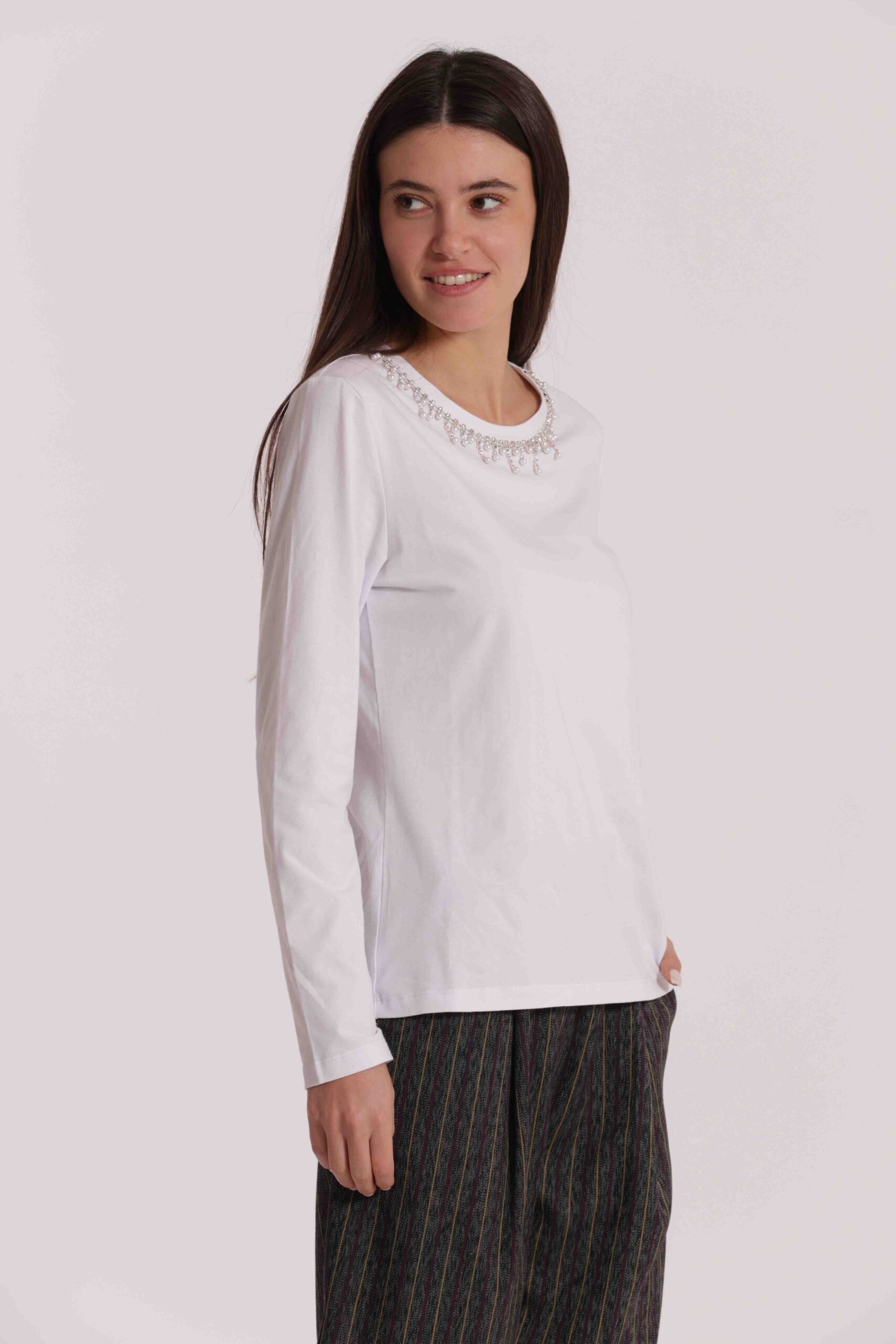 MIMÌ MUÀ Firenze SFAN-1875 T-shirt bianco colletto decorato - immagine 7