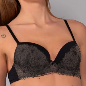 Reggiseno con Coppe Imbottite e Ferretto in Microfibra e Tulle Ricamato - NERO - 7932