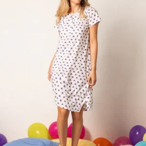 Camicia da Notte Manica Corta 100 cm con Collo Serafino e Stampa Floreale - INDACO - PN26