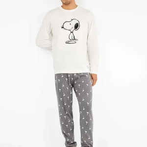 PIGIAMA UOMO GISELA IN CALDO COTONE A GIROCOLLO STAMPA SNOOPY CON PANTALONE GRIGIO