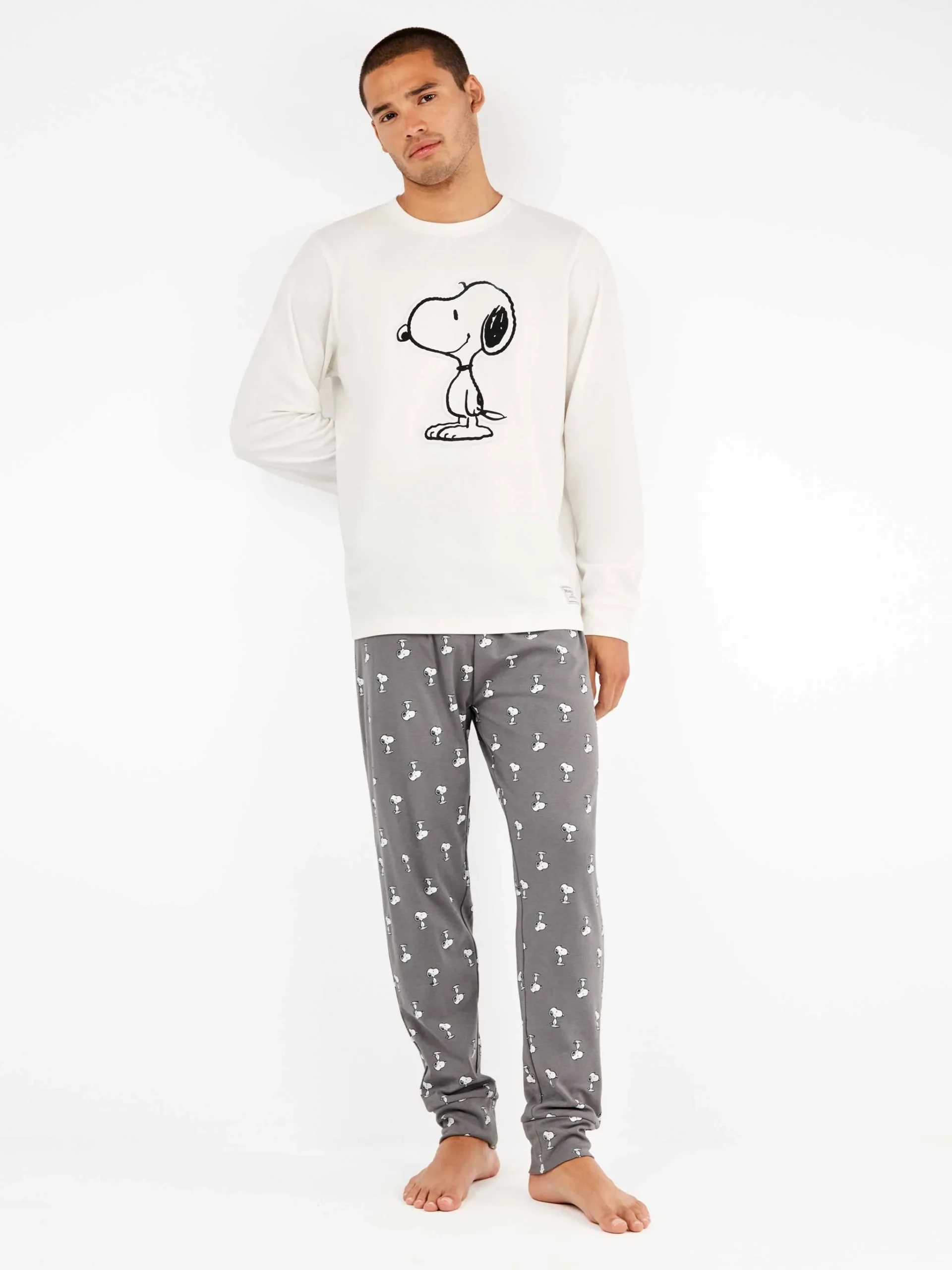 PIGIAMA UOMO GISELA IN CALDO COTONE A GIROCOLLO STAMPA SNOOPY CON PANTALONE GRIGIO