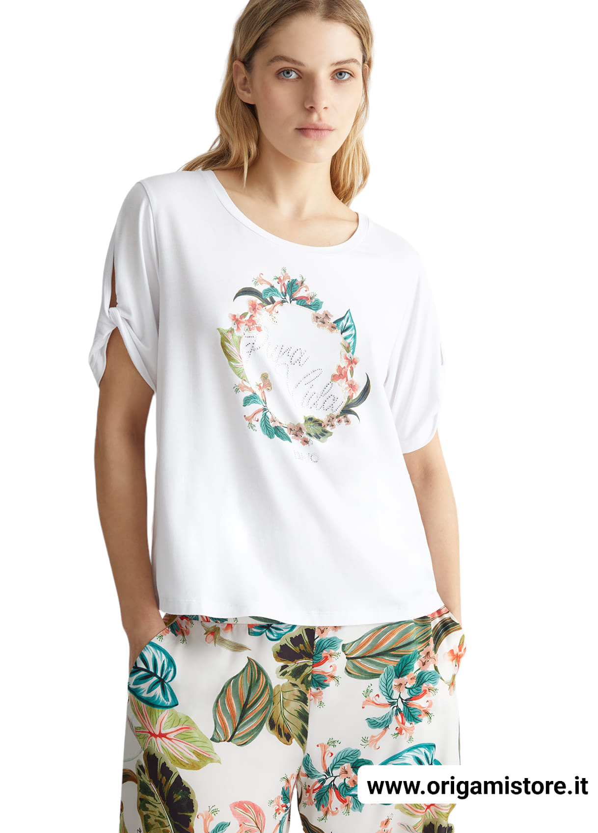 LIU JO VA4106JS360 T-shirt ecosostenibile bianco stampa jungle - immagine 2