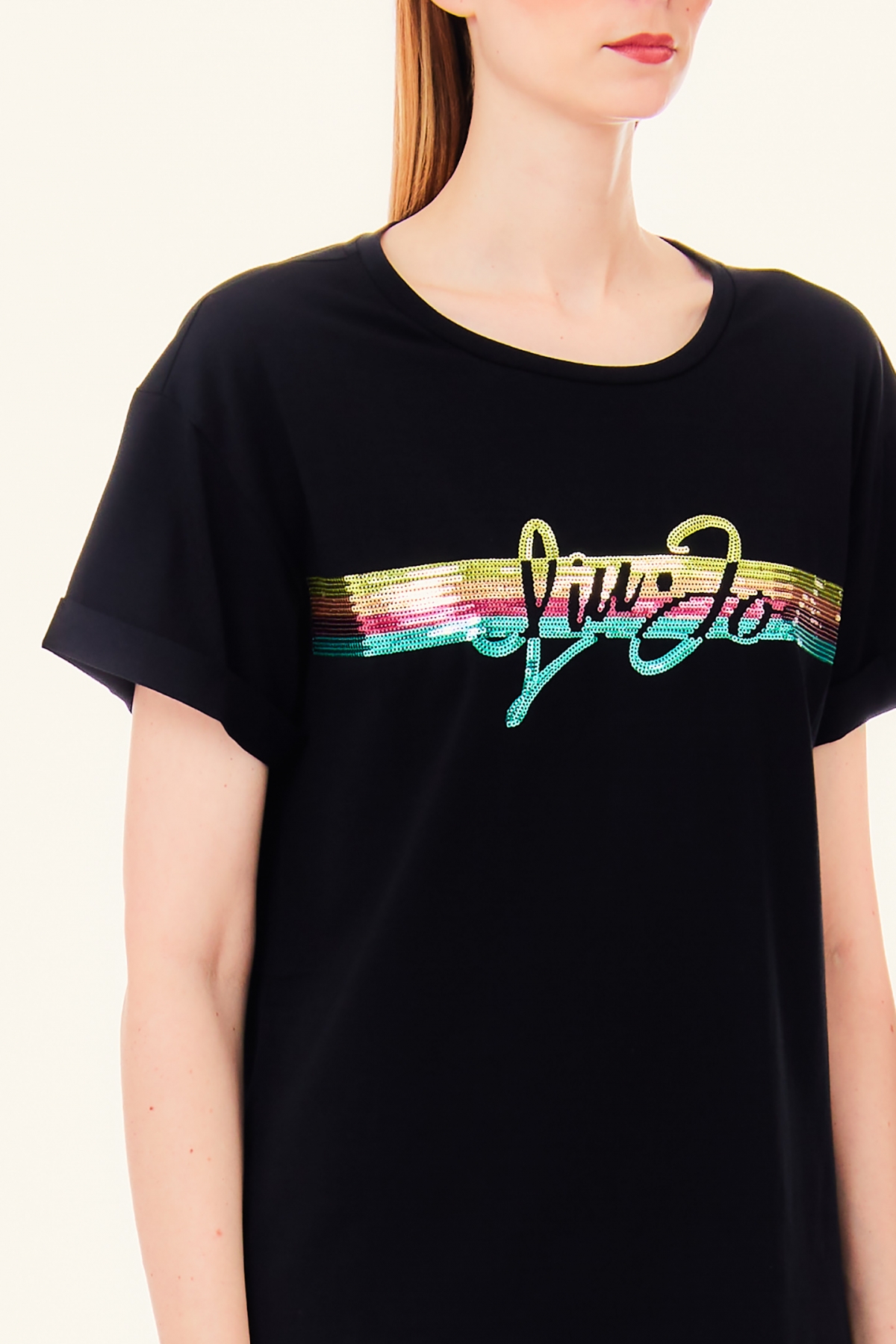 LIU JO VA4153JS003 T-shirt ecosostenibile nero con arcobaleno - immagine 3