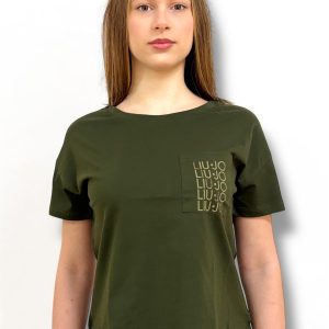 LIU JO VA5152JS923 T-shirt ecosostenibile verde con logo e strass