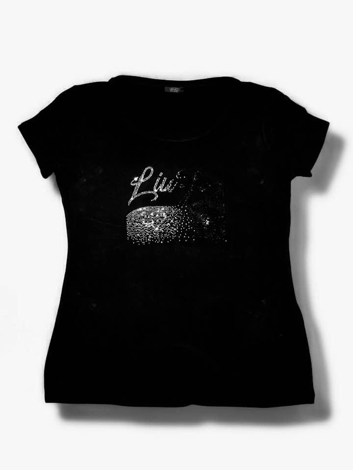 LIU JO VA5157JS360 T-shirt ecosostenibile nero logo strass - immagine 7