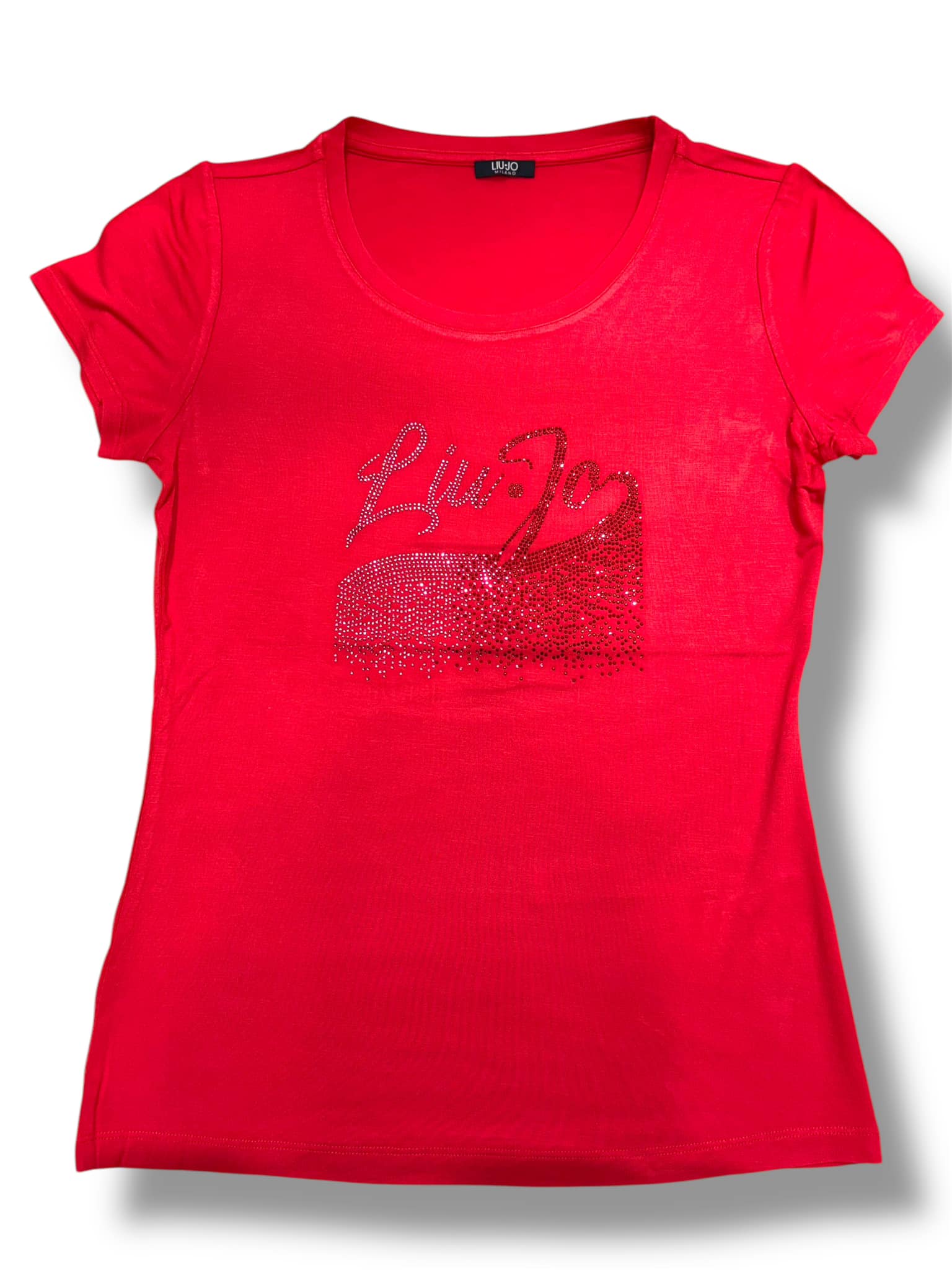 LIU JO VA5157JS360 T-shirt ecosostenibile rosso logo strass - immagine 7