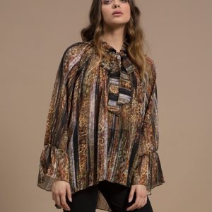 Camicia Over Animalier con Righe Lurex e Fiocco al Collo – Pepita