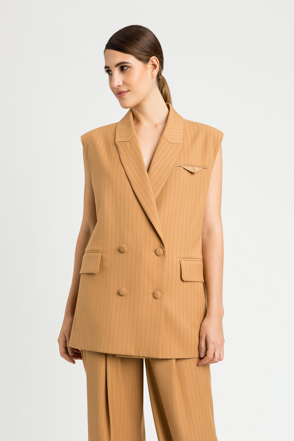 Gilet Doppiopetto Gessato in Punto Milano – Cammello/Nero – Twinset