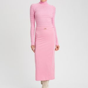 Gonna longuette Twinset in scuba jacquard rosa con spacco