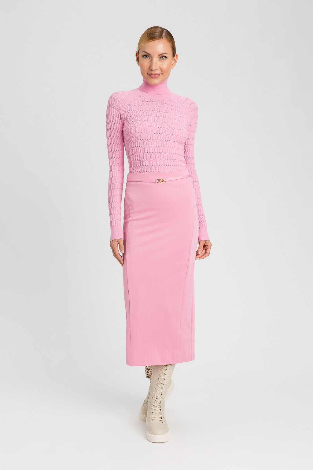 Gonna longuette Twinset in scuba jacquard rosa con spacco