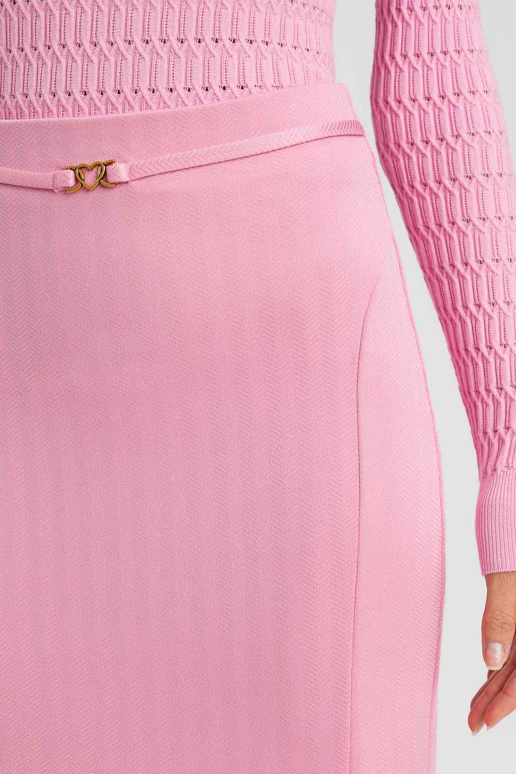 Gonna longuette Twinset in scuba jacquard rosa con spacco - immagine 3