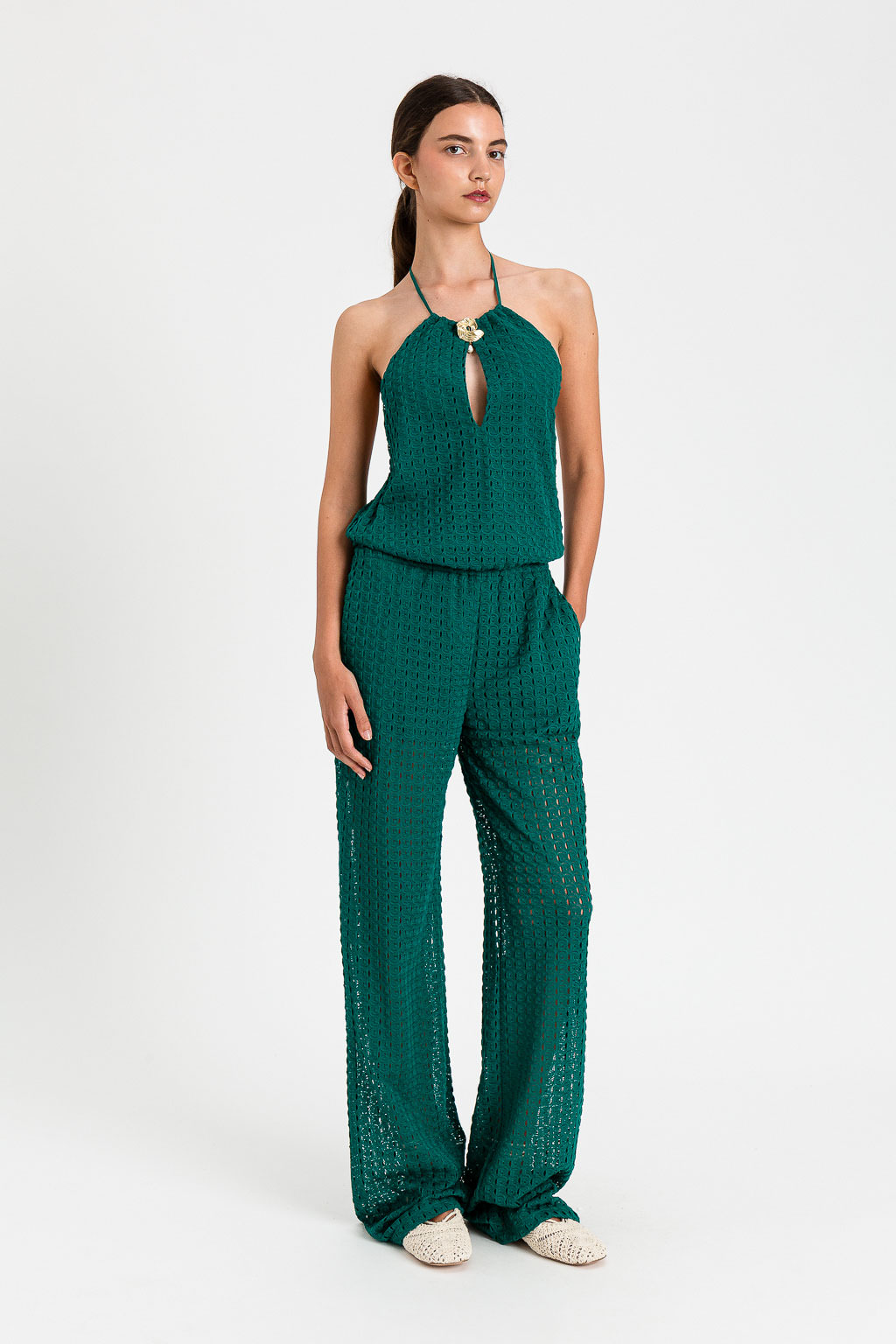 Tuta Lunga in Pizzo Jacquard con Scollo Halter – Verde Light Emerald – Twinset